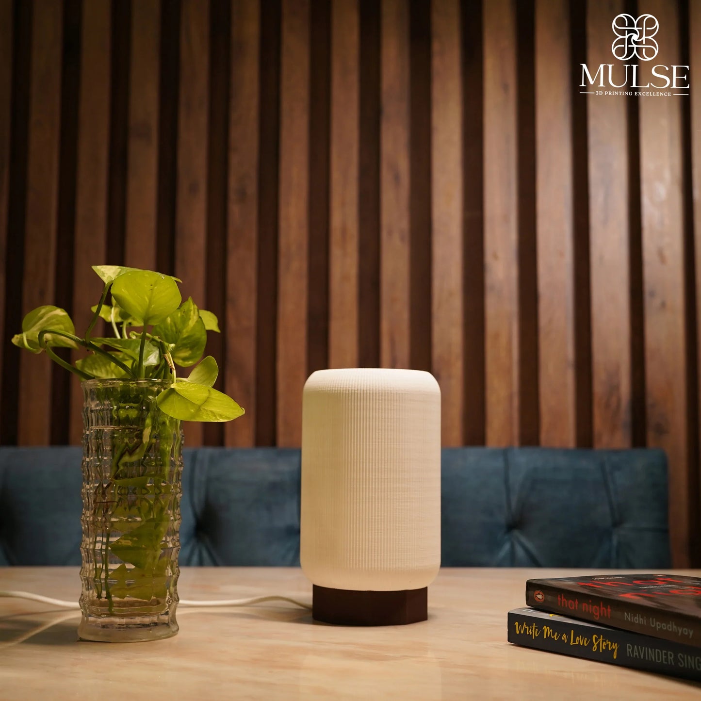 Modern table lamp with cylindrical design beside a potted plant on a wooden table indoors