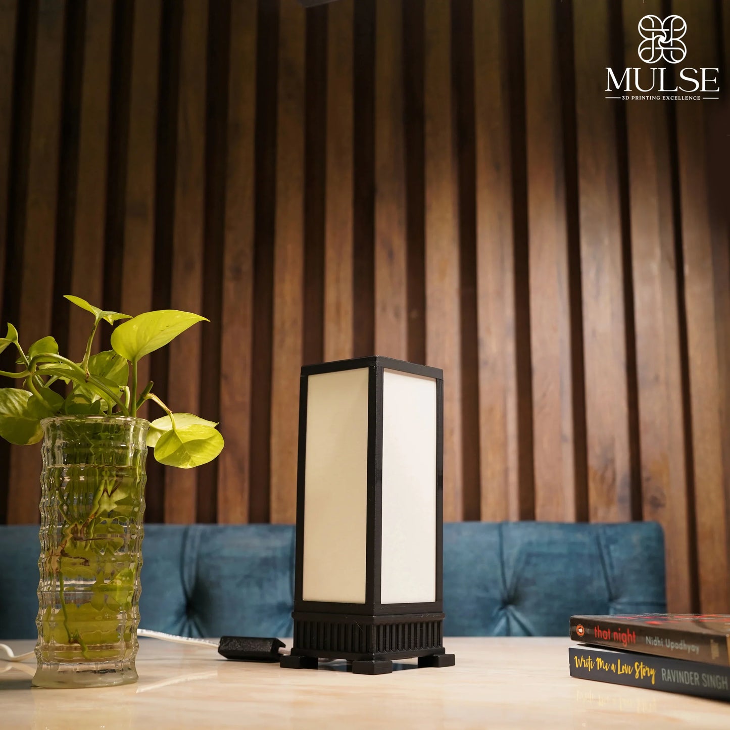 Modern rectangular table lamp with black frame on wooden table, next to green plant and books