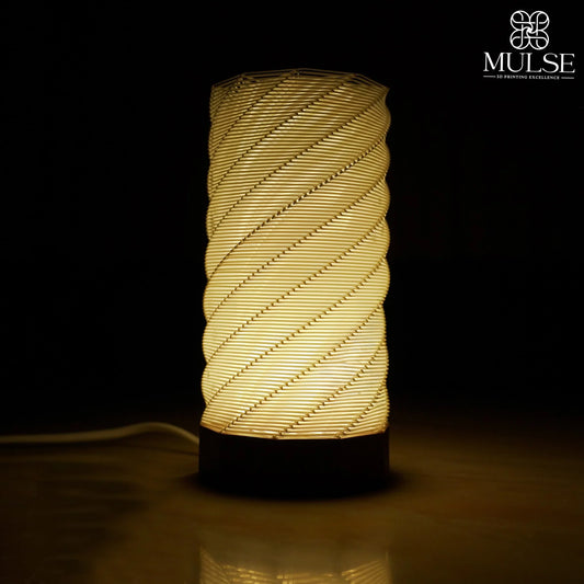 Modern spiral table lamp with warm light, 3D printed home decor accent.